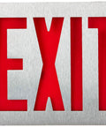 Low Energy 2W LED Exit Sign in silver aluminum finish with red letters, dual voltage 120 277 VAC, universal mounting, NFPA compliant