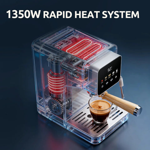 Next Level Touchscreen Espresso Machine Loaded With A 20 Bar Italian Pump And Quick Release Steam Wand For Rich Crema Dreamy Lattes And Zero Hassle Daily Coffee Runs At Home showing rapid heat system and brewed espresso.