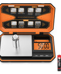 Pocket Digital Scale High Precision 500g Capacity And 0.01g Increments LCD Display Tare Function Six Unit Modes open with weights