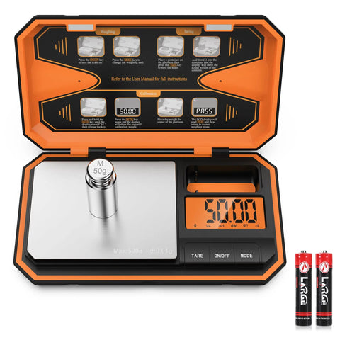 Pocket Digital Scale High Precision 500g Capacity And 0.01g Increments LCD Display Tare Function Six Unit Modes open with weights