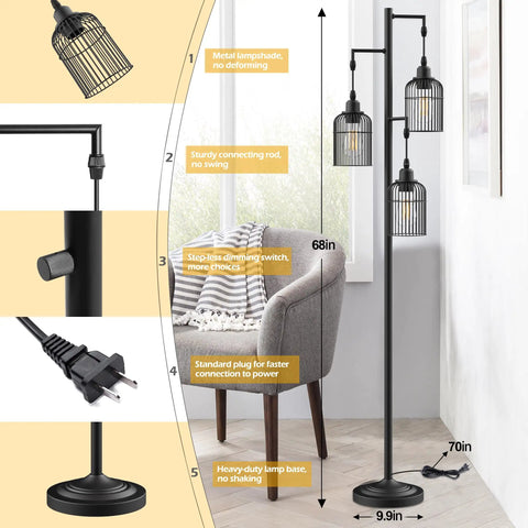 Industrial Floor Lamp For Living Room And Office With Three Birdcage Shades LED Stepless Dimmable Tall Farmhouse Style Black Lamp Rustic Home Decor For Bedroom Den Bulbs Included, showing height and features.
