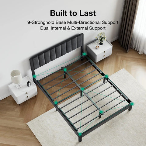 Heavy Duty Velvet Full Bed Frame With Piano Keys Headboard And Matching Footboard Solid Steel Platform supports 1000 lbs, top view.