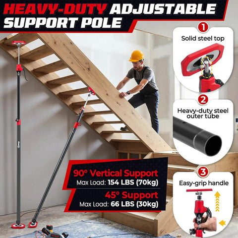 Heavy Duty Adjustable Cabinet Jacks 4 Piece Set Extends From 49 To 114 Inches with two support poles for drywall and cabinet installation.