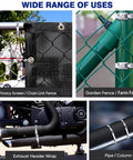 Beefy Pro Grade Heavy Duty Stainless Steel Cable Tie Gun Kit installed on chain link fence and exhaust pipes.
