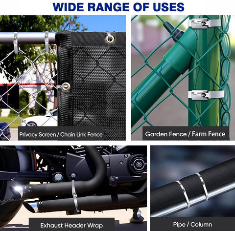Beefy Pro Grade Heavy Duty Stainless Steel Cable Tie Gun Kit installed on chain link fence and exhaust pipes.