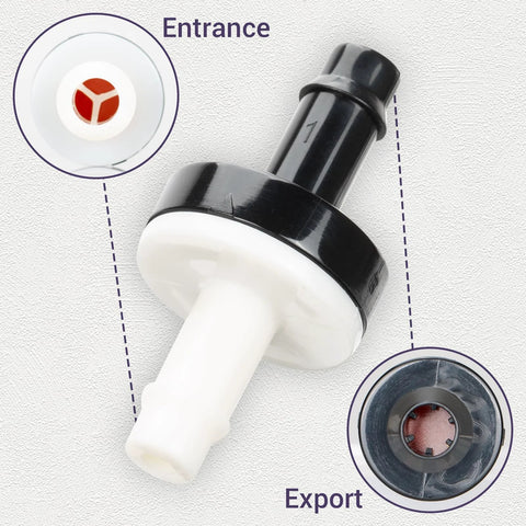 1/4-inch inline check valve plug-in barb, ABS plastic; white body with black collar, front and end views.