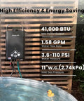 6L Portable Propane Tankless Water Heater With Digital Display And Multi Protection, beside outdoor tub, black model