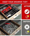 Before and after using 47 Piece Interlocking Tool Tray Organizer Set With Non Slip EVA Pads For Workbench And Rolling Tool Cart Red And Black Trays Garage Drawer Organizer System.