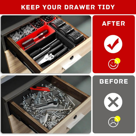Before and after using 47 Piece Interlocking Tool Tray Organizer Set With Non Slip EVA Pads For Workbench And Rolling Tool Cart Red And Black Trays Garage Drawer Organizer System.