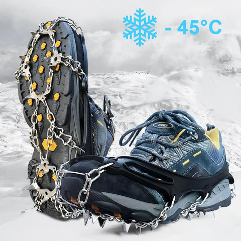 Beefy Ice Cleats Snow Grips With 19 Stainless Steel Spikes for hiking, showing large size traction on icy terrain.