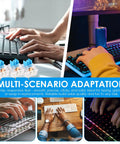 Collage of keyboards and Blue Mechanical Keyboard Switches 100 Pack With Upgraded 4 Claw Puller And Cleaning Brush in various settings.