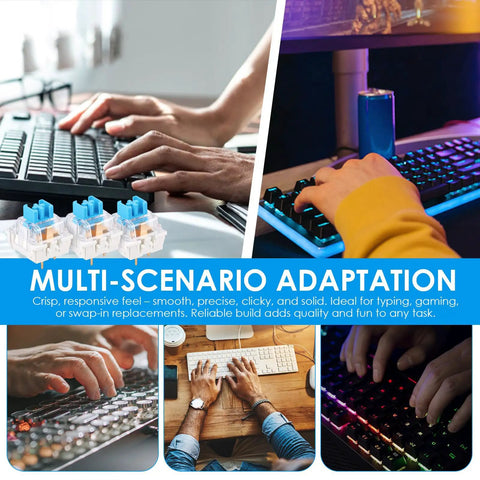 Collage of keyboards and Blue Mechanical Keyboard Switches 100 Pack With Upgraded 4 Claw Puller And Cleaning Brush in various settings.