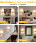 Peel And Stick Wall Sconces Set Of 2 With Rechargeable Battery Wire Free No Drill Adhesive Wall Lamp Gold White in living room and bedroom.