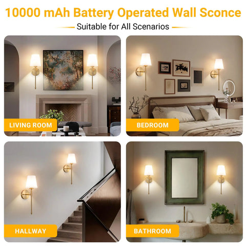 Peel And Stick Wall Sconces Set Of 2 With Rechargeable Battery Wire Free No Drill Adhesive Wall Lamp Gold White in living room and bedroom.