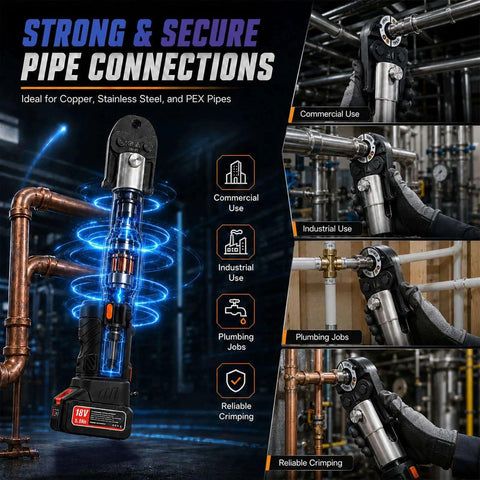 Heavy Duty Pipe Crimping Tool For Copper Pipes One Half Inch, Three Quarter Inch, And One Inch, 18V Cordless Automatic Hydraulic Press With Brushless Motor, 24KN Kit, Fast, Efficient Pro Plumbing Fittings