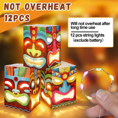 12 Pcs Hawaiian Luau Tiki Totem Gift Boxes With LED Lights For Outdoor Indoor Party Decor Vibrant Tropical Aloha Themed Gift Boxes
