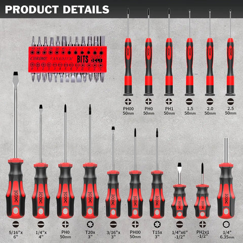 42 Piece Magnetic Screwdriver Set With Case For Home Appliances And Gadgets Includes various driver sizes and bits shown on a panel.