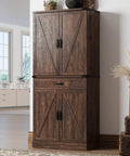Kick Out Clutter Fast With This 71 Inch Tall Kitchen Pantry Cabinet Featuring Three Spacious Drawers Six Farmhouse Barn Doors Heavy Duty Steel Frame And Adjustable Shelves In Warm Brown, displayed in modern kitchen.