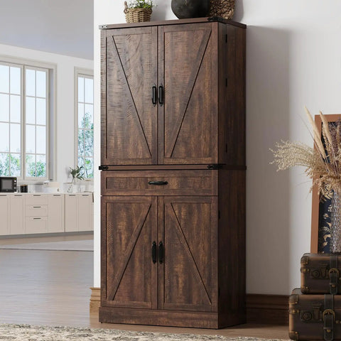 Kick Out Clutter Fast With This 71 Inch Tall Kitchen Pantry Cabinet Featuring Three Spacious Drawers Six Farmhouse Barn Doors Heavy Duty Steel Frame And Adjustable Shelves In Warm Brown, displayed in modern kitchen.