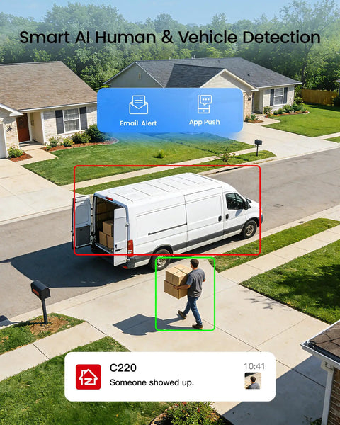C220 8 Channel 4MP 2.5K PoE Security Camera System With 3K NVR And 2TB HDD detects delivery in driveway using AI detection.
