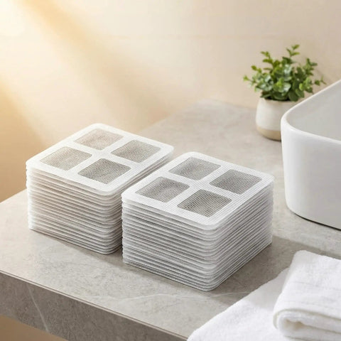 Fifty Pack Disposable Shower Drain Hair Catcher Stickers stacked on a bathroom counter for easy access and use.