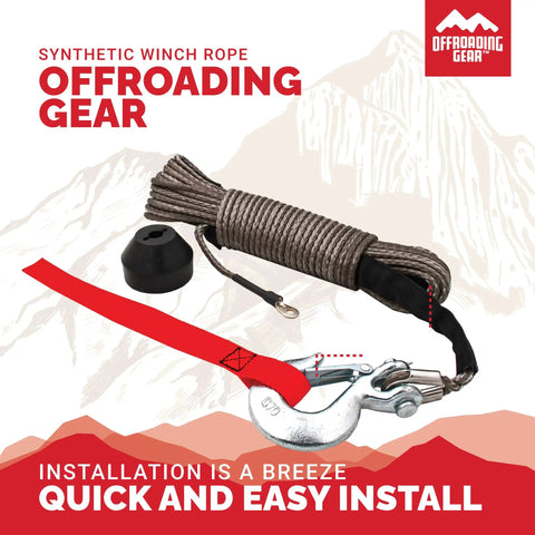 Beefed Up 50 Foot 1/4 Inch Synthetic Winch Rope Kit for Jeeps ATVs UTVs and Quad Bikes, 6,400 lb capacity with snap hook and stopper