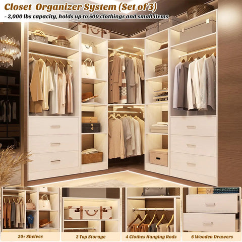 Hella Spacious Corner Closet Organizer Featuring Heavy Duty Drawers And Ample Shelving For Big Time Wardrobe Management To Quickly Square Away Your Cluttered Nooks Today with shelves and clothes rods.