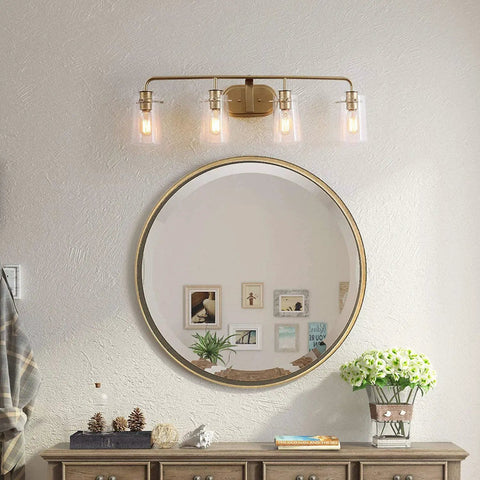 Gold Vanity Light Over Mirror With Antique Brass Finish And Clear Bubbled Glass Shades Dope Mid Century Wall Sconce