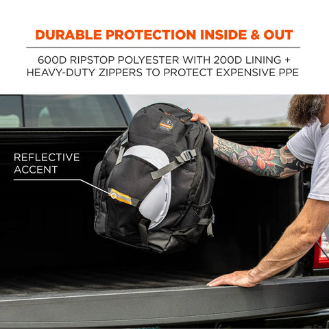Person holding Arsenal 5188 Jobsite Backpack With Hard Hat Storage Do It All Gear Carrier 39L Capacity 600D Ripstop Exterior And 200D Lining