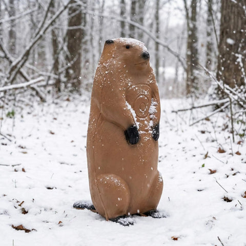 Real Wild 3D Groundhog Archery Target for Realistic Hunting Practice shown outdoors in snow, self-healing foam, life-size