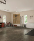 Garage interior with 52 Inch No Light Ceiling Fan For Indoor Or Outdoor Use Fresh White Damp Rated Reversible Blades Standard Mount Pull Chain Dope Choice For Patio Porch Garage Or Living Room, tools on pegboard, and bicycles.