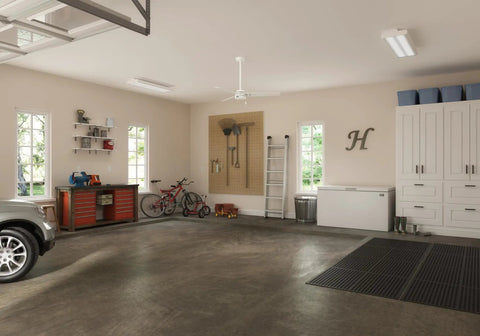 Garage interior with 52 Inch No Light Ceiling Fan For Indoor Or Outdoor Use Fresh White Damp Rated Reversible Blades Standard Mount Pull Chain Dope Choice For Patio Porch Garage Or Living Room, tools on pegboard, and bicycles.