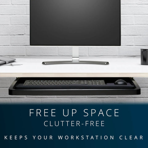 Slick Under Desk Keyboard Tray With Smooth Roll Slide Out Drawer Plus No Sweat Height Adjustments For Serious Typing Comfort And Built In Cable Clutter Control And Roomy Surface For Mice And Large Keyboards installed under a desk with a monitor above.