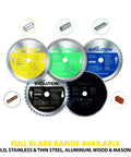 Assorted saw blades featuring Stainless Steel Cutting Saw Blade, 10 Inch, 66 Tooth, Dry Cut Carbide Teeth, Yellow Finish