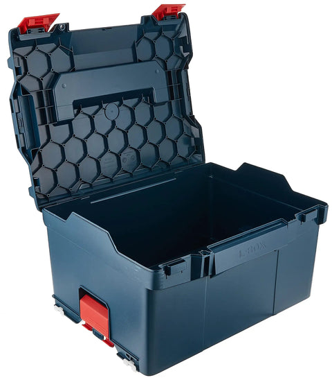 Open blue L-BOXX-3 tool case showing interior, designed for super reliable stackable tool storage case that interlocks in seconds.