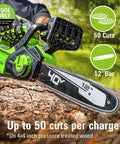40V Cordless 12 Inch Compact Chainsaw Tool Only with low kickback chain and hand guard on log, 50 cuts per charge