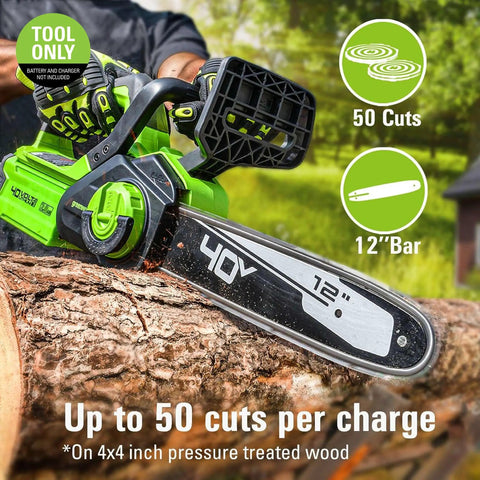 40V Cordless 12 Inch Compact Chainsaw Tool Only with low kickback chain and hand guard on log, 50 cuts per charge