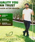 Man holding Pro Grade Stainless Lawn Leveling Rake 30 Inch Heavy Duty Ground Leveler on grass, showcasing quality and durability features.