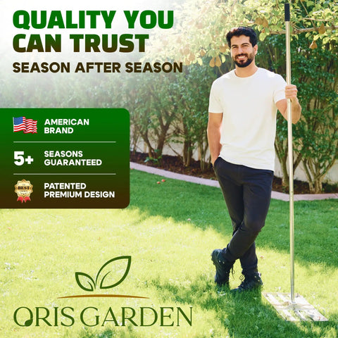 Man holding Pro Grade Stainless Lawn Leveling Rake 30 Inch Heavy Duty Ground Leveler on grass, showcasing quality and durability features.