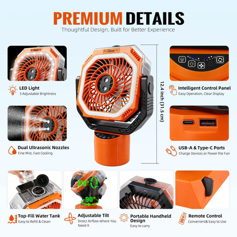 Chill Out On The Links With This Badass Golf Cart Misting Fan Featuring Rechargeable Battery, auto oscillating, dual nozzles, and LED light.