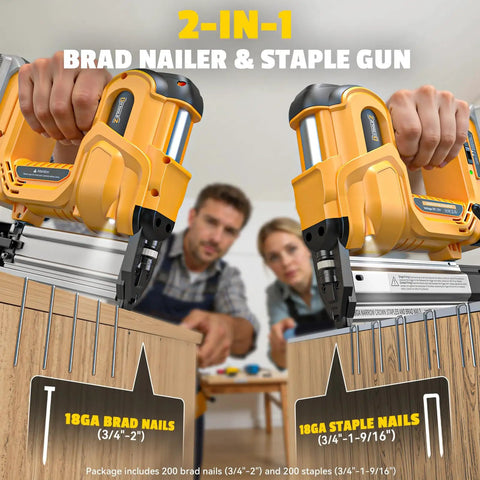 Built Damn Tough 18 Gauge Cordless Brad Nailer Runs Smooth With Dewalt 20V Batteries, 2-in-1 for wood trimming tasks.