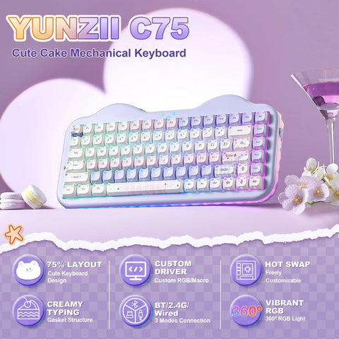 Top Tier Wireless Mechanical Keyboard With Dope Dessert Vibe And Compact 75 Percent Layout Featuring Hot Swap Switches Premium Pbt Keycaps And Butter Smooth Milk Springs For Chill Typing Sessions Or Epic Gaming Runs, showcasing a cute cake design and vibrant RGB lighting.
