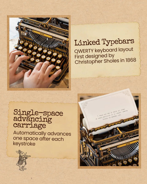 Typewriter 3D Wooden Puzzle Kit For Adults Mechanical Model Build No Batteries Gears Spin Typebars Swinging Knobs See Inside Vintage Black Style Desk Display Gift That Slaps, black wooden typewriter kit with hands typing and paper loaded