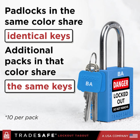 Blue Keyed Alike Lockout Padlock Set For Grouping Control, 10 Durable LOTO Locks With Two Keys Each, OSHA Compliant Padlocks