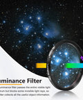 Deluxe 2 Inch LRGB Filter Set For Monochrome CCD Cameras with labeled luminance filter against starry sky backdrop