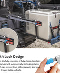 Beefy Heavy Duty Locking Drawer Slides Full Extension Runners With Lock Side Mount Ball Bearing Rails 12 To 40 Inch Length 235 Lb Capacity Fits Most Drawers Easy Install Ultra Smooth Glide Durable Steel, shown installed in a vehicle with lock engaged.
