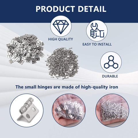 Mini Hinges For Crafts 10x8mm With Screws 100 Pieces Tiny Brass Hinges For Wooden Box Jewelry Box Silver Hardware For Dollhouse Furniture For DIYers And Makers shown with screws and installation icons
