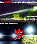 Ridiculously Bright 100000 Lumen Rechargeable Tactical Flashlight illuminating outdoor scene, five lighting modes displayed.