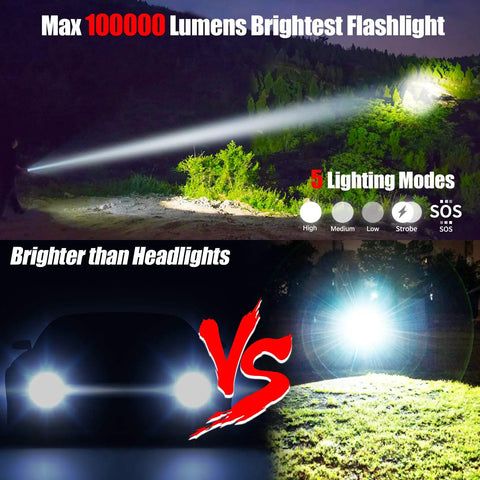 Ridiculously Bright 100000 Lumen Rechargeable Tactical Flashlight illuminating outdoor scene, five lighting modes displayed.