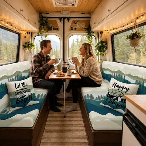 Six Pack RV Dinette Cushion Covers Set Mountain Theme Stretchy Washable Camper Slipcovers in cozy RV dining area